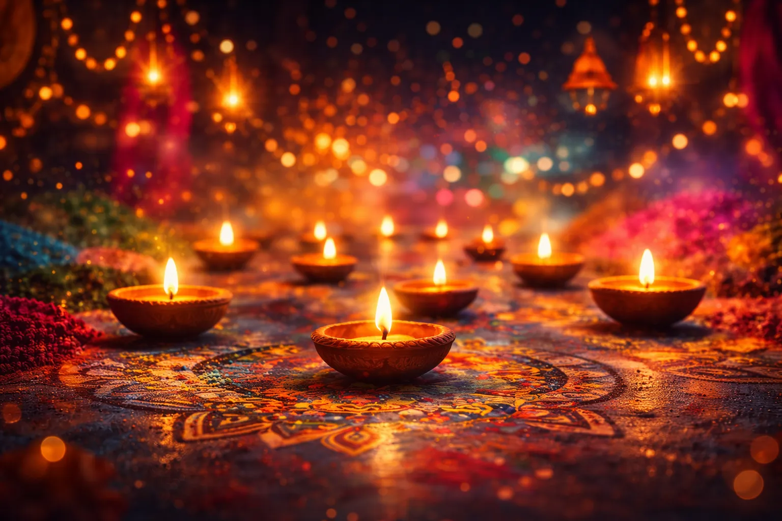 Diwali lights and rangoli display