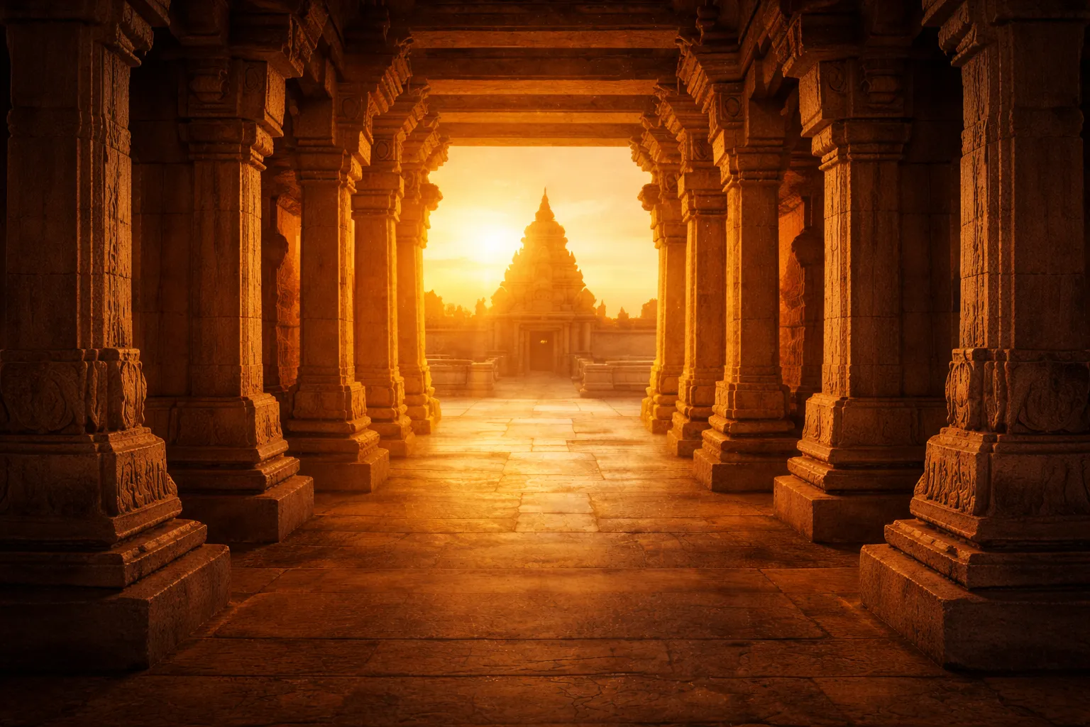 Golden sunrise at ancient temple corridor