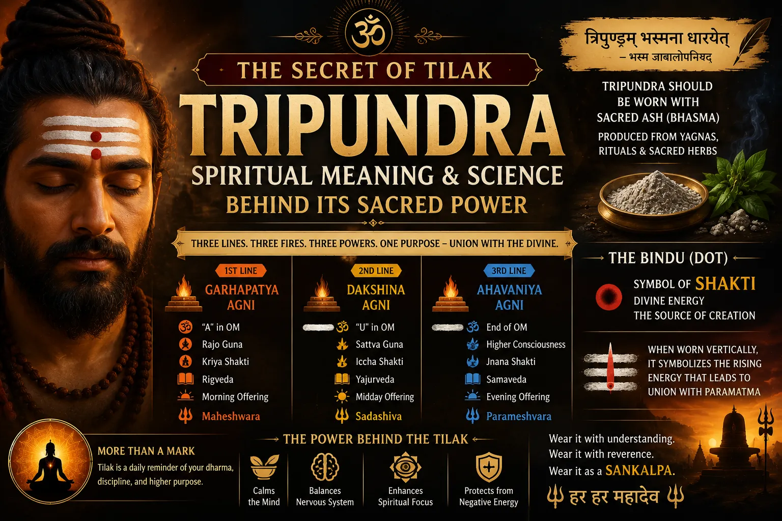 त्रिपुण्ड्र तिलक का आध्यात्मिक अर्थ क्या है? जानिए शैव परंपरा, आज्ञा चक्र, भस्म, शक्ति और तिलक के गहरे वैज्ञानिक व धार्मिक महत्व।